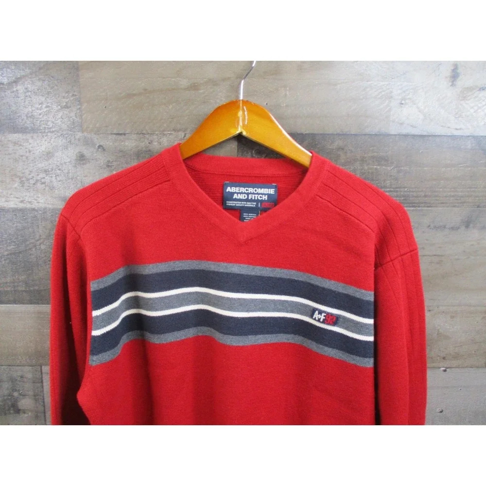 Abercrombie & Fitch Sweater Mens XL Red Gray Striped Muscle V Neck Pullover Knit